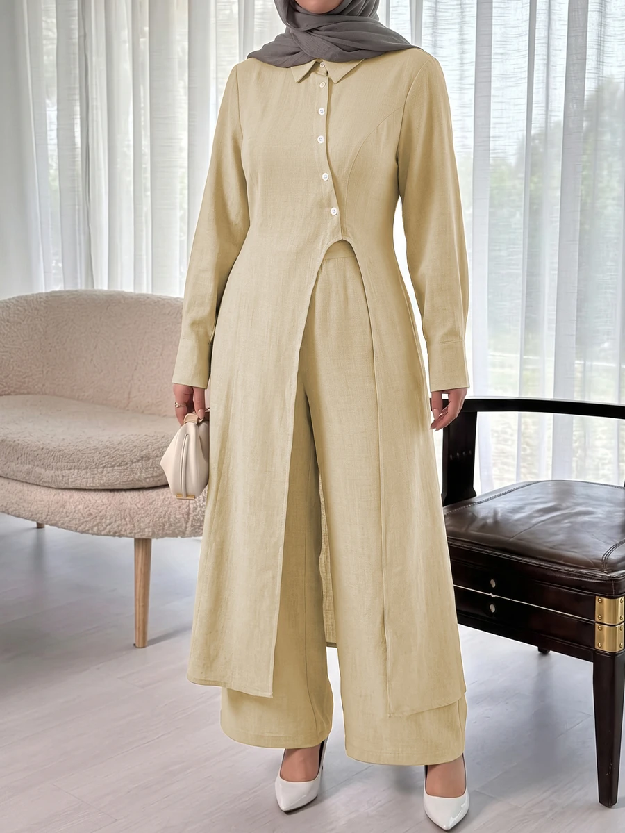 Modelyn Minimalist Casual Solid Color Shirt Collar Long Sleeve Split Hem Extra Long Shirt And Solid Color Elastic Waist Wide Leg Pants, Spring/Autumn Plus Size 2 Pieces Set - Khaki - View 1