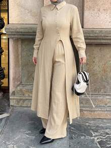 Modelyn Minimalist Casual Solid Color Shirt Collar Long Sleeve Split Hem Extra Long Shirt And Solid Color Elastic Waist Wide Leg Pants, Spring/Autumn Plus Size 2 Pieces Set - Khaki - View 8