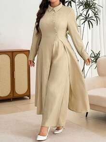 Modelyn Minimalist Casual Solid Color Shirt Collar Long Sleeve Split Hem Extra Long Shirt And Solid Color Elastic Waist Wide Leg Pants, Spring/Autumn Plus Size 2 Pieces Set - Khaki - View 6