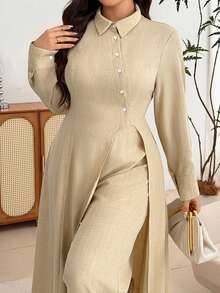 Modelyn Minimalist Casual Solid Color Shirt Collar Long Sleeve Split Hem Extra Long Shirt And Solid Color Elastic Waist Wide Leg Pants, Spring/Autumn Plus Size 2 Pieces Set - Khaki - View 3