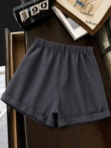 Franclia Women's Plus Size Denim Effect Comfortable New Fabric Shorts, Casual Soft Form Commute Loose Fit With Pockets, Textured Versatile Elegant Black Summer - Dark Grey - View 2