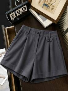 Franclia Women's Plus Size Denim Effect Comfortable New Fabric Shorts, Casual Soft Form Commute Loose Fit With Pockets, Textured Versatile Elegant Black Summer - Dark Grey - View 10