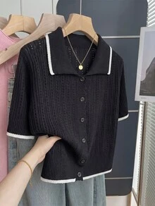 Franclia Casual Loose Fit POLO Collar Short Sleeve Knit Hollow Out Contrast Trim Design Apricot Women's Spring Summer Cardigan - Black and White - View 1