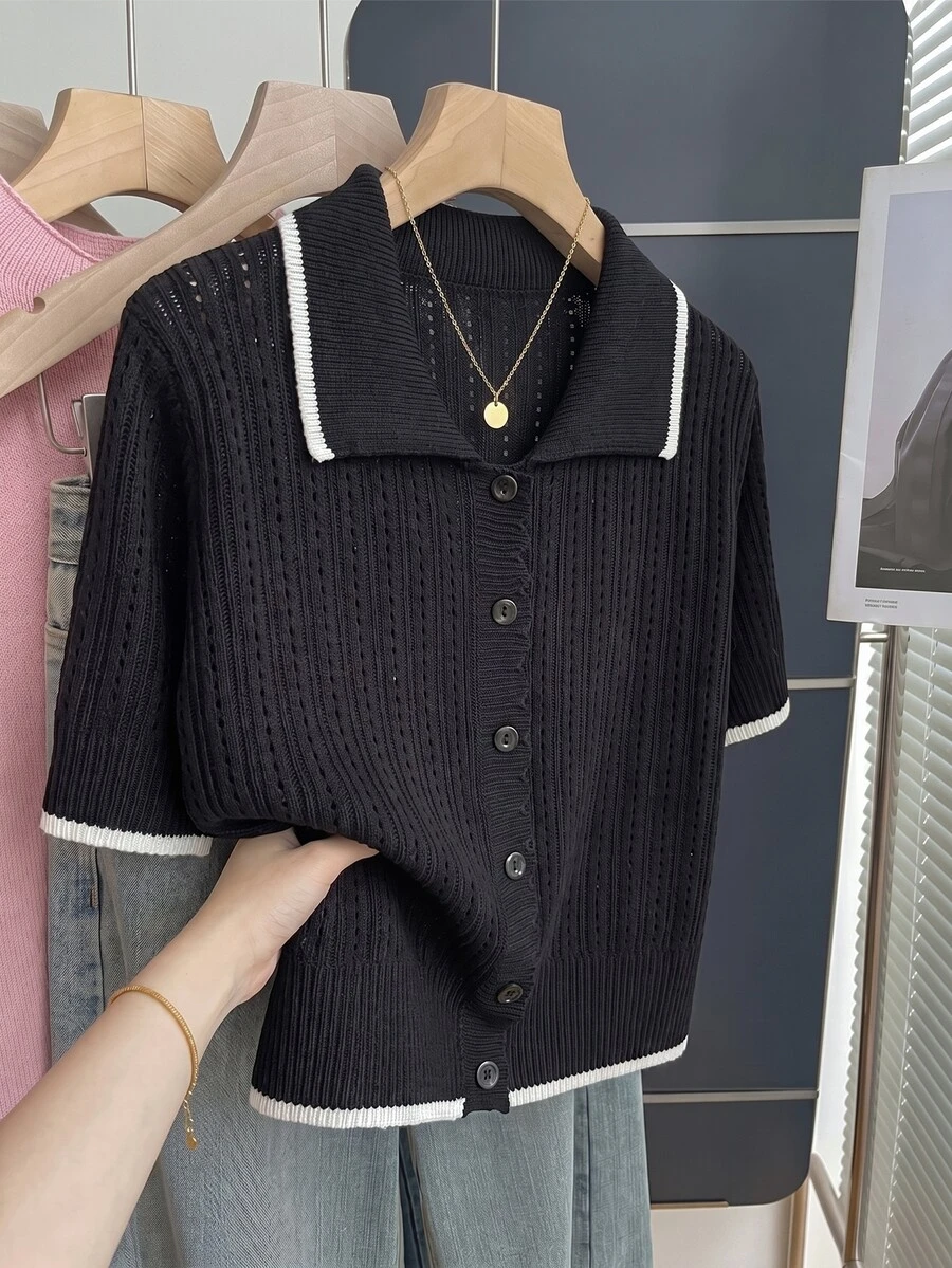 Franclia Casual Loose Fit POLO Collar Short Sleeve Knit Hollow Out Contrast Trim Design Apricot Women's Spring Summer Cardigan - Black and White - View 1