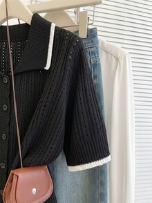 Franclia Casual Loose Fit POLO Collar Short Sleeve Knit Hollow Out Contrast Trim Design Apricot Women's Spring Summer Cardigan - Black and White - View 4