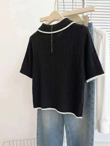 Franclia Casual Loose Fit POLO Collar Short Sleeve Knit Hollow Out Contrast Trim Design Apricot Women's Spring Summer Cardigan - Black and White - View 2