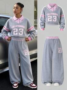 SHEIN 青少年女孩 T-Shirt 套裝，灰色套裝，粉色條紋領拼接灰色字母印花上衣搭配灰色字母長褲，秋冬休閒款，圓領 - 灰色 - 查看 2
