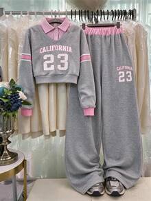 SHEIN 青少年女孩 T-Shirt 套裝，灰色套裝，粉色條紋領拼接灰色字母印花上衣搭配灰色字母長褲，秋冬休閒款，圓領 - 灰色 - 查看 10