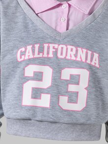 SHEIN 青少年女孩 T-Shirt 套裝，灰色套裝，粉色條紋領拼接灰色字母印花上衣搭配灰色字母長褲，秋冬休閒款，圓領 - 灰色 - 查看 8