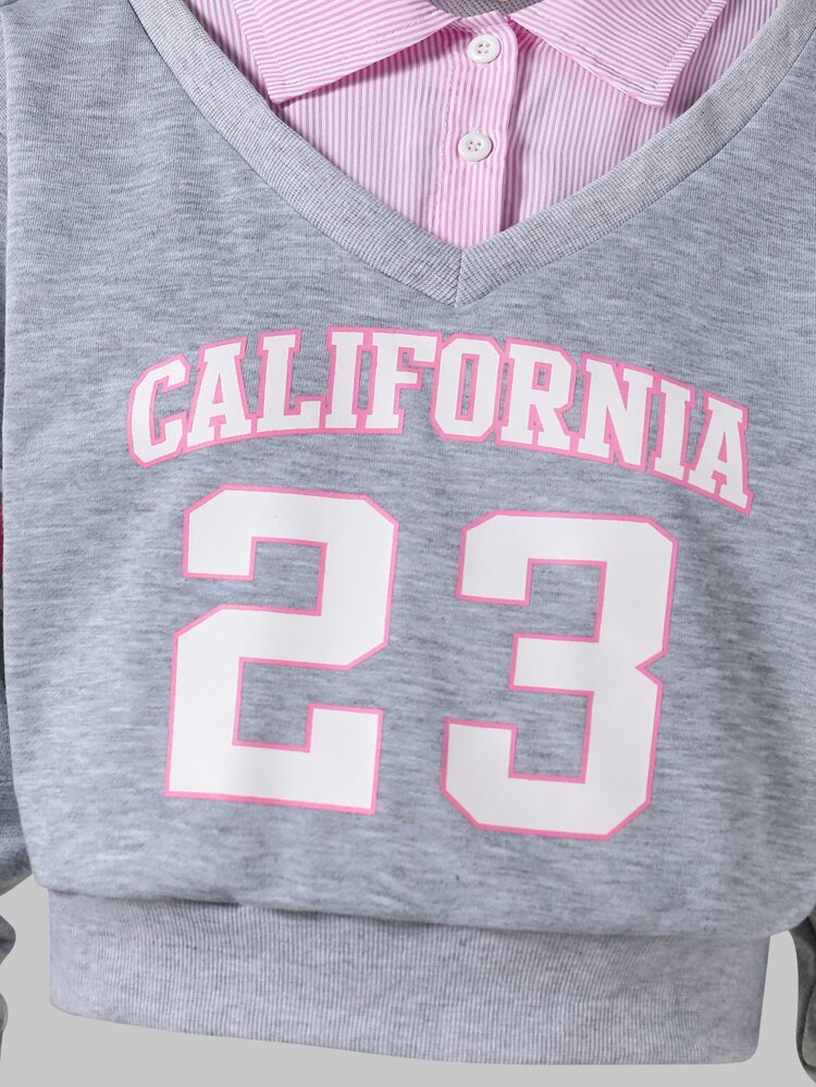 SHEIN Teen Girls T-Shirt Co-Ords, Grey Set, Pink Striped Collar Patchwork Grey Letter Print Top Paired With Grey Letter, Fall Winter, Casual, Pants, Neck - Grey - View 7