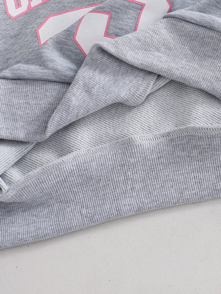 SHEIN Teen Girls T-Shirt Co-Ords, Grey Set, Pink Striped Collar Patchwork Grey Letter Print Top Paired With Grey Letter, Fall Winter, Casual, Pants, Neck - Grey - View 5