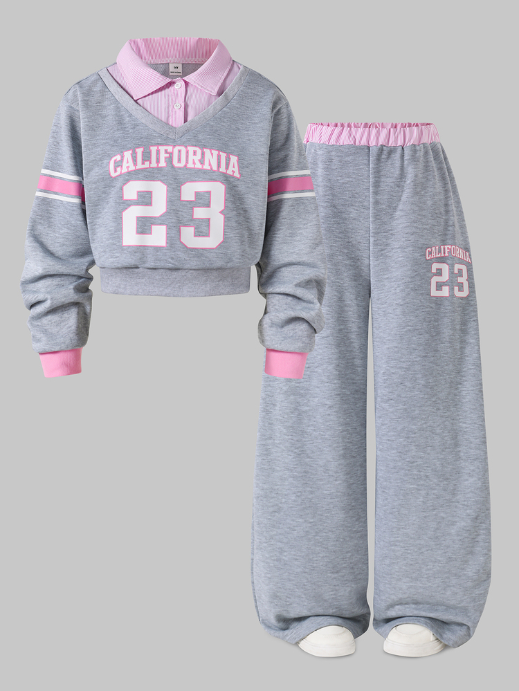 SHEIN Teen Girls T-Shirt Co-Ords, Grey Set, Pink Striped Collar Patchwork Grey Letter Print Top Paired With Grey Letter, Fall Winter, Casual, Pants, Neck - Grey - View 3