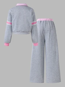 SHEIN 青少年女孩 T-Shirt 套裝，灰色套裝，粉色條紋領拼接灰色字母印花上衣搭配灰色字母長褲，秋冬休閒款，圓領 - 灰色 - 查看 3