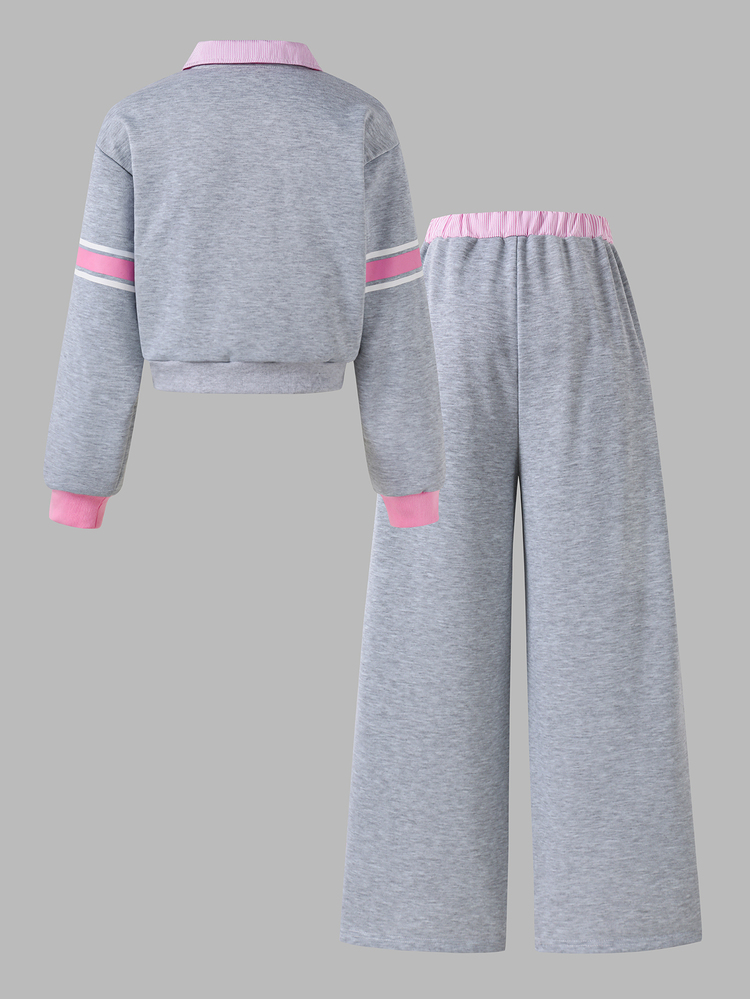 SHEIN Teen Girls T-Shirt Co-Ords, Grey Set, Pink Striped Collar Patchwork Grey Letter Print Top Paired With Grey Letter, Fall Winter, Casual, Pants, Neck - Grey - View 2