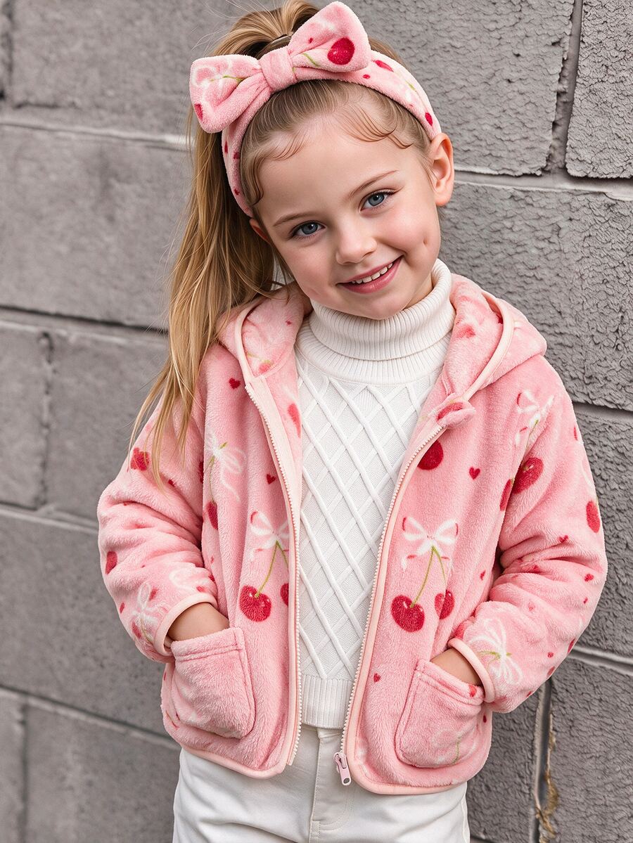 SHEIN 女童全印花連帽拉鍊休閒日常長袖秋季夾克 - 粉色 - 查看 1