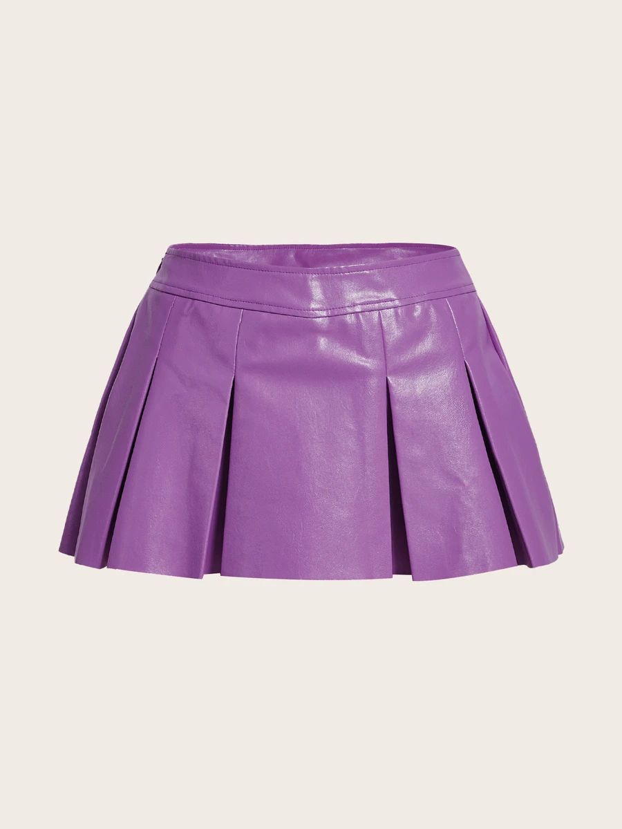 SHEIN ICON Solid PU Leather Pleated Skirt - Purple - View 1