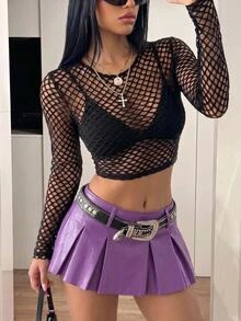 SHEIN ICON Solid PU Leather Pleated Skirt - Purple - View 4