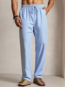 EASEVO Men's Plus Size Striped Drawstring Waist Pocket Casual Daily Travel Long Pants - Blue - View 3