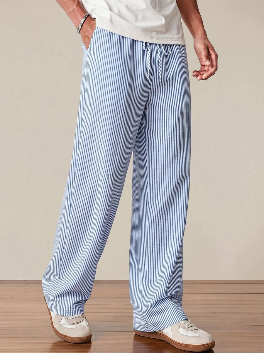 EASEVO Men's Plus Size Striped Drawstring Waist Pocket Casual Daily Travel Long Pants - Blue - View 1