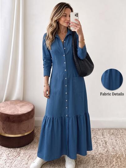 Yunfilé Đầm dài nữ dáng chữ A tay dài eo chiết, vải denim cao cấp, phong cách thường ngày cho mùa Thu/Đông, phù hợp đi làm và tụ họp