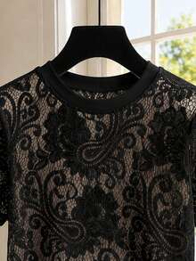GlowEve White Cashew Floral Lace Sheer Short Sleeve T-Shirt, Round Neck Mesh Hollow Out Cover Up Top, French Gentle Elegant Style, Daily, Commute, Date, Layering Multi-Scene Suitable, Spring/Summer Lightweight, Loose Fit Flattering Shoulder Design - Black - View 4