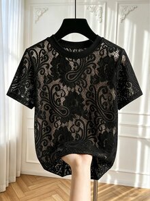 GlowEve White Cashew Floral Lace Sheer Short Sleeve T-Shirt, Round Neck Mesh Hollow Out Cover Up Top, French Gentle Elegant Style, Daily, Commute, Date, Layering Multi-Scene Suitable, Spring/Summer Lightweight, Loose Fit Flattering Shoulder Design - Black - View 5