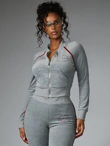 BABYPHAT ملابس علوية رياضية قصيرة بسحاب كامل مع شعار مطرز وحواف متباينة وجيب مركزي مفتوح وأكمام طويلة بأسلوب Y2K ريترو - رمادي - مشاهدة 5