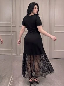 Vibekara Plus Size Elegant Celestial Square Neck Ruched Waist Contrast Lace Formal Evening Dress Theme Party Wedding Guest Black Summer - Black - View 3
