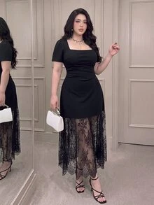 Vibekara Plus Size Elegant Celestial Square Neck Ruched Waist Contrast Lace Formal Evening Dress Theme Party Wedding Guest Black Summer - Black - View 7