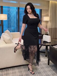 Vibekara Plus Size Elegant Celestial Square Neck Ruched Waist Contrast Lace Formal Evening Dress Theme Party Wedding Guest Black Summer - Black - View 2