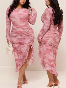 CovetEZ Hellrosa bedrucktes Kleid mit asymmetrischem Saum, Schlitz und Rüschen, romantisch, business Lässig, sexy, kurvig, elegant, Große Größen, für Herbst, Date Night, Geburtstagsparty und Ausgehen - Pink - Übersicht 8