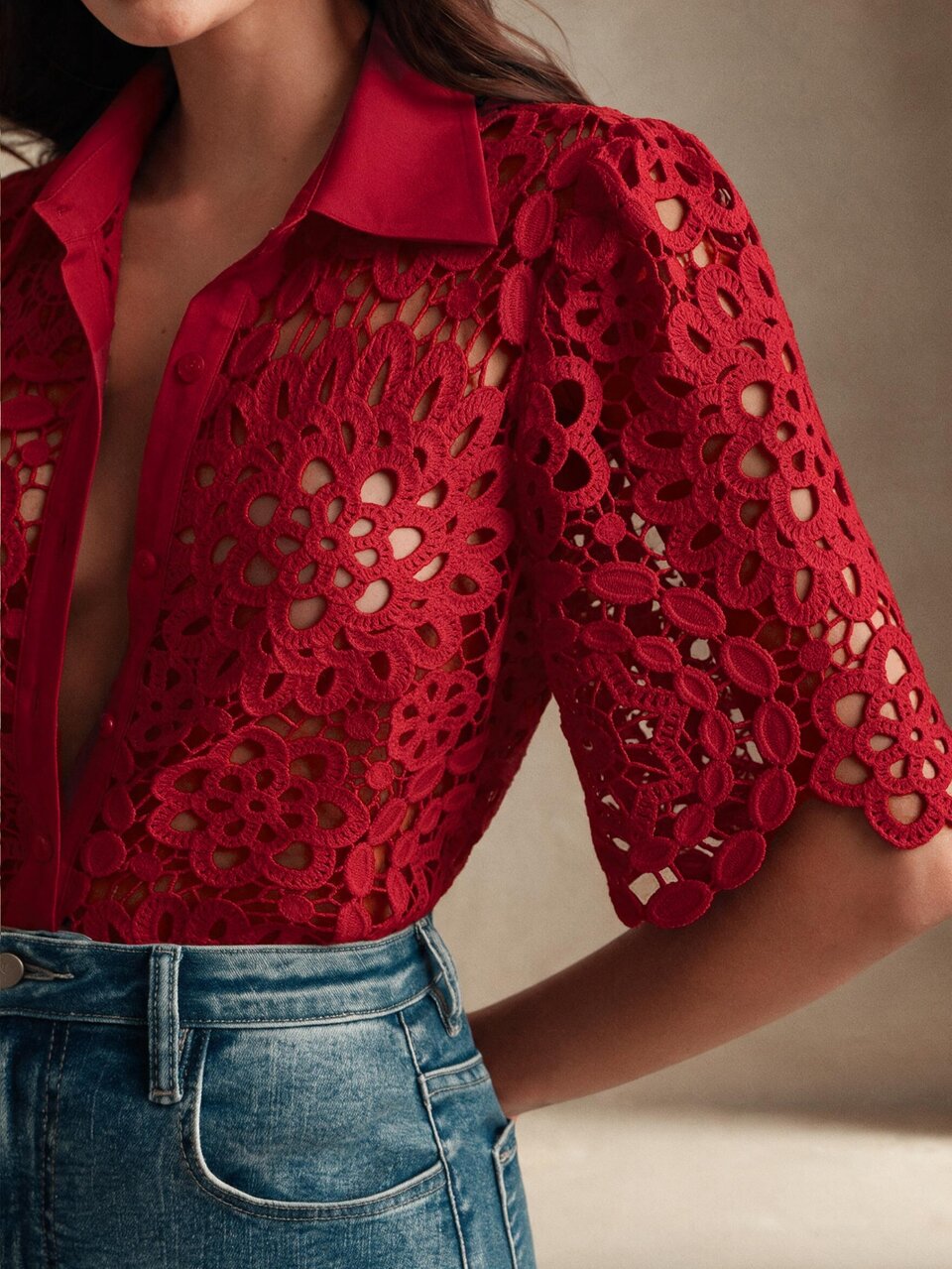 Blusa elegante de mujer de unicolor con encaje floral hueco soluble en agua, para vacaciones, primavera, verano, festival, graduación, elegante, vacaciones, vacaciones, playa, festival