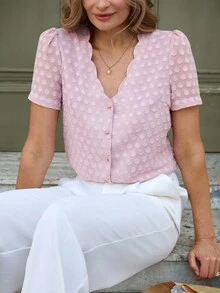 Louniche Women's Ruffled Jacquard Polka Dot Loose Casual Blouse, Spring/Summer - Pink - View 1