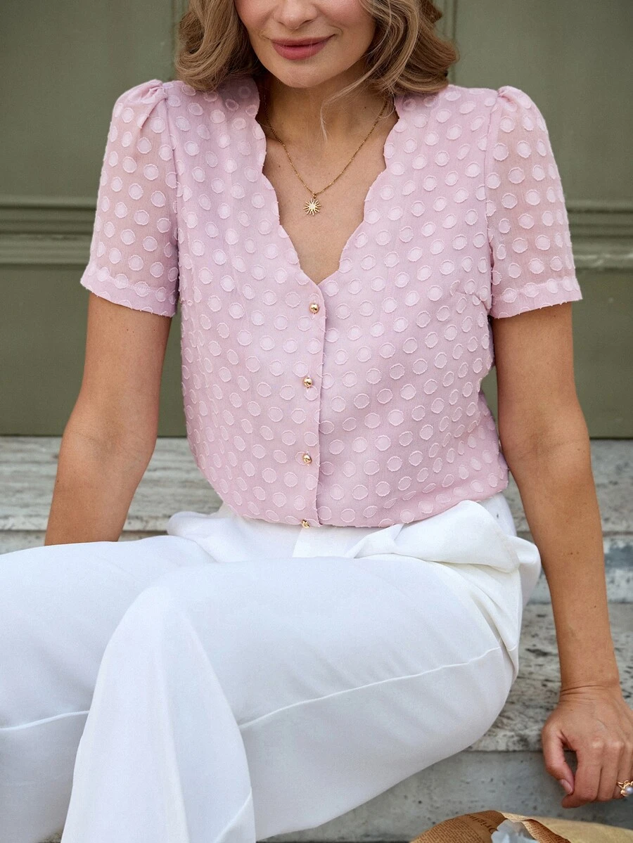 Louniche Women's Ruffled Jacquard Polka Dot Loose Casual Blouse, Spring/Summer - Pink - View 1