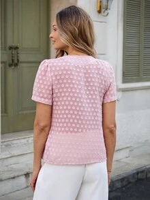 Louniche Women's Ruffled Jacquard Polka Dot Loose Casual Blouse, Spring/Summer - Pink - View 2