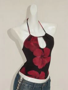 SHEIN ICON Y2k Sexy Vintage Floral Print Backless Halter Top, Summer - Black - View 8