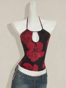 SHEIN ICON Y2k Sexy Vintage Floral Print Backless Halter Top, Summer - Black - View 3