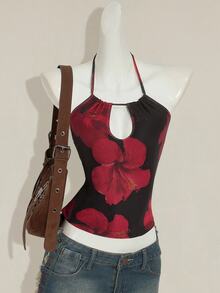SHEIN ICON Y2k Sexy Vintage Floral Print Backless Halter Top, Summer - Black - View 11