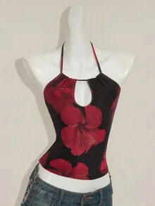 SHEIN ICON Y2k Sexy Vintage Floral Print Backless Halter Top, Summer - Black - View 4