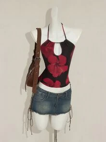 SHEIN ICON Y2k Sexy Vintage Floral Print Backless Halter Top, Summer - Black - View 5