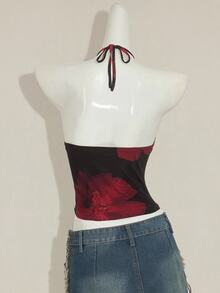 SHEIN ICON Y2k Sexy Vintage Floral Print Backless Halter Top, Summer - Black - View 2