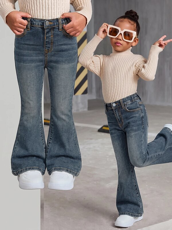 Young Girl Y2k Chic Vintage Blue Denim High Stretch Flare Jeans, Fall/Winter, For Young Girls School Clothes, Halloween&Christmas Outfits, Jeans
