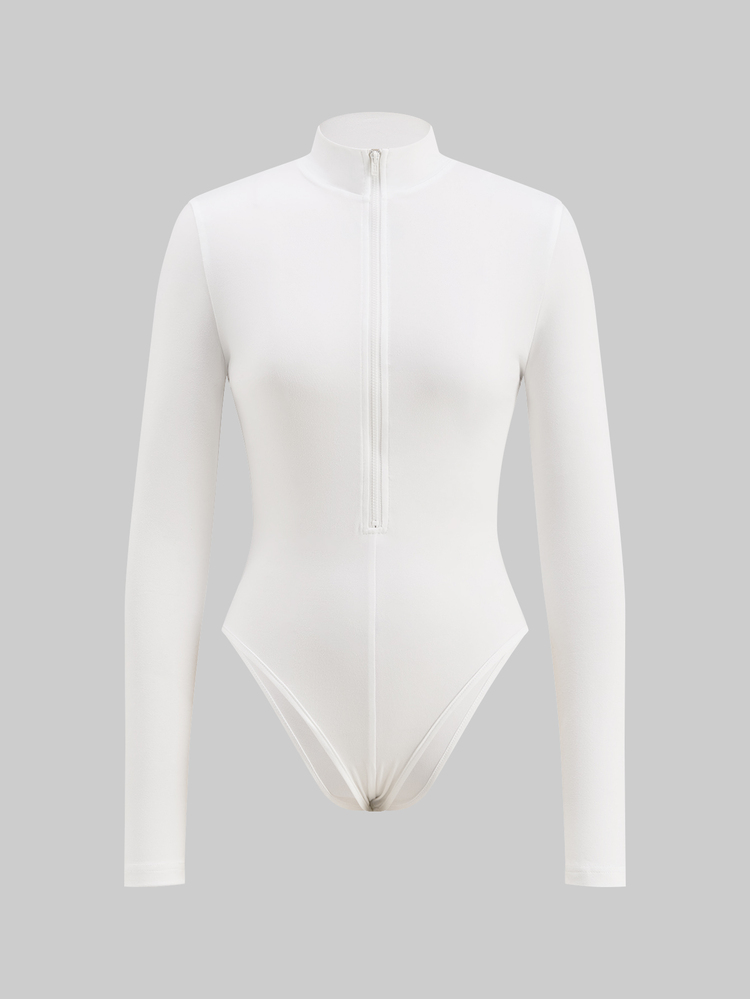 SHEIN ICON Women's Solid Color Zipper Front Bodysuit, Fashionable Long Sleeve - White - View 1