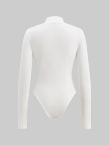 SHEIN ICON Women's Solid Color Zipper Front Bodysuit, Fashionable Long Sleeve - White - View 2