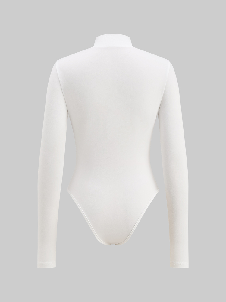 SHEIN ICON Women's Solid Color Zipper Front Bodysuit, Fashionable Long Sleeve - White - View 2