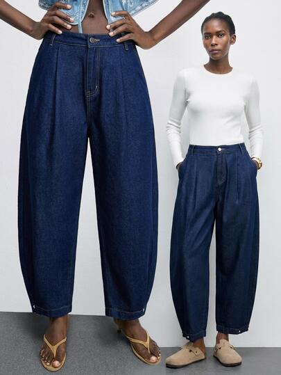 Elaquor Damskie jeansy denimowe plus size z plisami i kieszeniami, zwężane, luźne, casualowe, uniwersalne, na lato, jesień i zimę, na imprezę