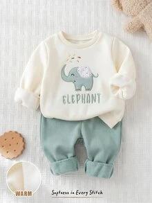 Cozy Pixies 男嬰卡通熊圖案針織柔軟圓領長袖套頭運動衫彈性腰長褲秋冬抓絨內裡兩件套 - 彩色 - 查看 1