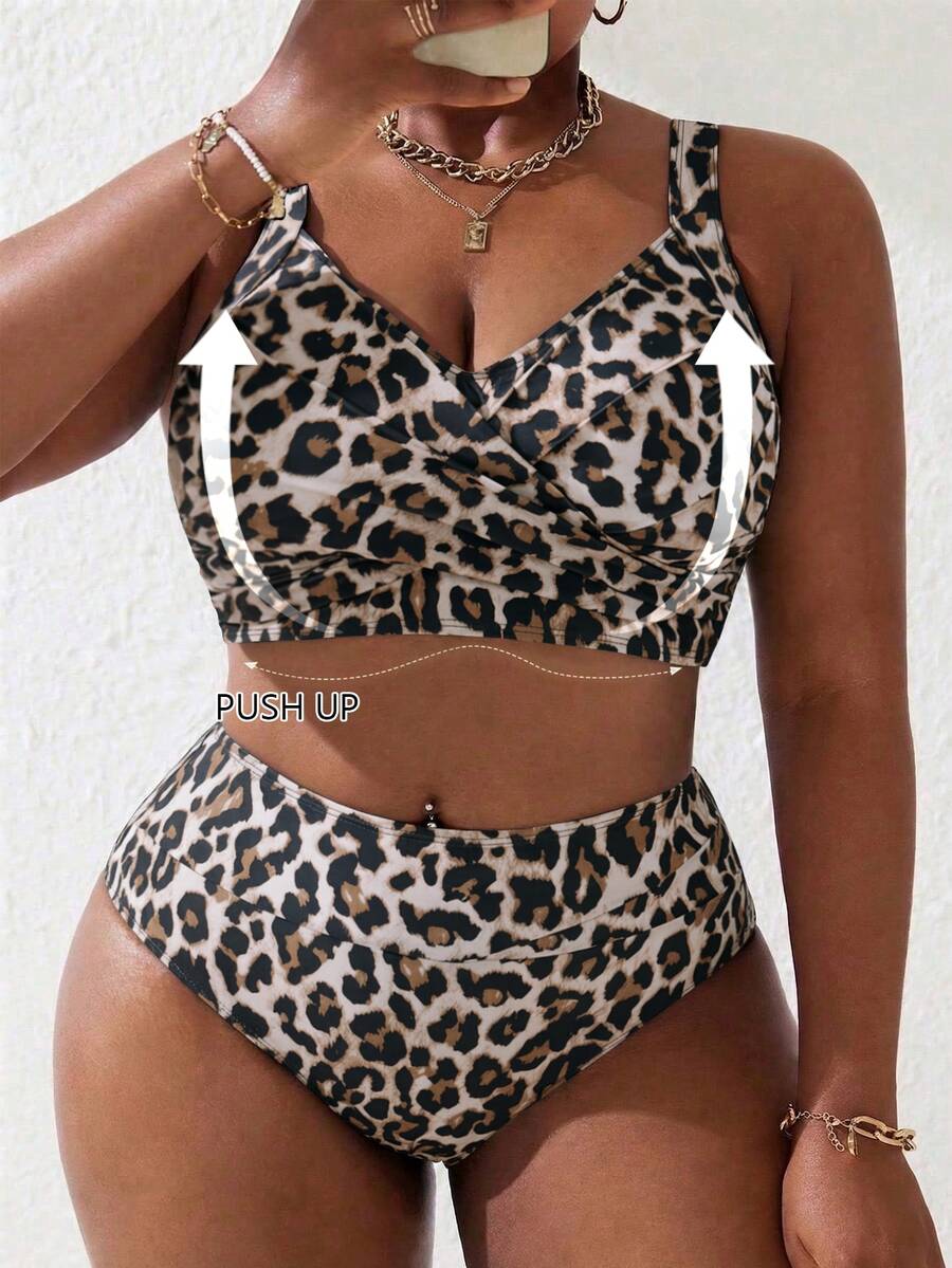 Slaydiva 2026 New Plus Size Women 2-Piece Leopard Print Patchwork Ruched Spaghetti Strap Separated Swimwear Set, Summer Beach Vacation - Multicolor - View 1