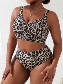 Slaydiva 2026 New Plus Size Women 2-Piece Leopard Print Patchwork Ruched Spaghetti Strap Separated Swimwear Set, Summer Beach Vacation - Multicolor - View 3