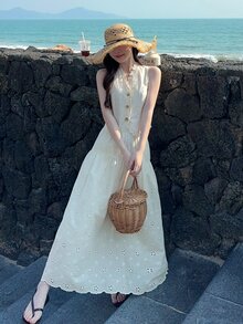 DAZY 女士蕾丝V领无袖短背心和长裙两件套度假套装夏季休闲套装 - 白色 - 查看 2